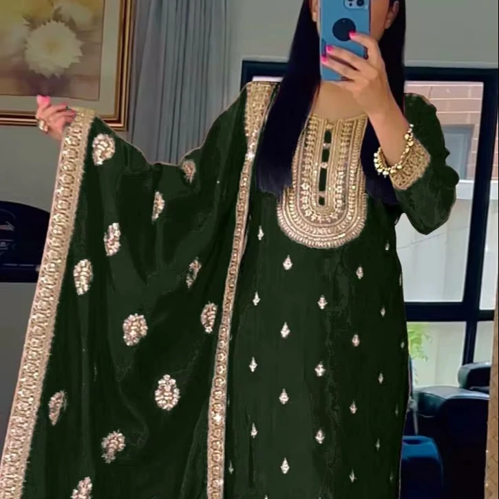 Beautiful Indian Ethnic Fox Georgette Sequence Embroidery Hand Work Patch Work Bottom Nazmeen Dupatta Silk Salwar Party Long