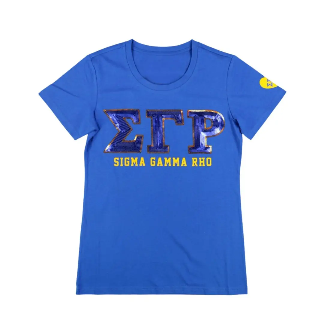 Sigma Gamma Rho SGRho Sequin Patch Tee Royal Blue Greek Letters Embroidered Sorority Apparel Gold Trim Greek Life Summer 100%