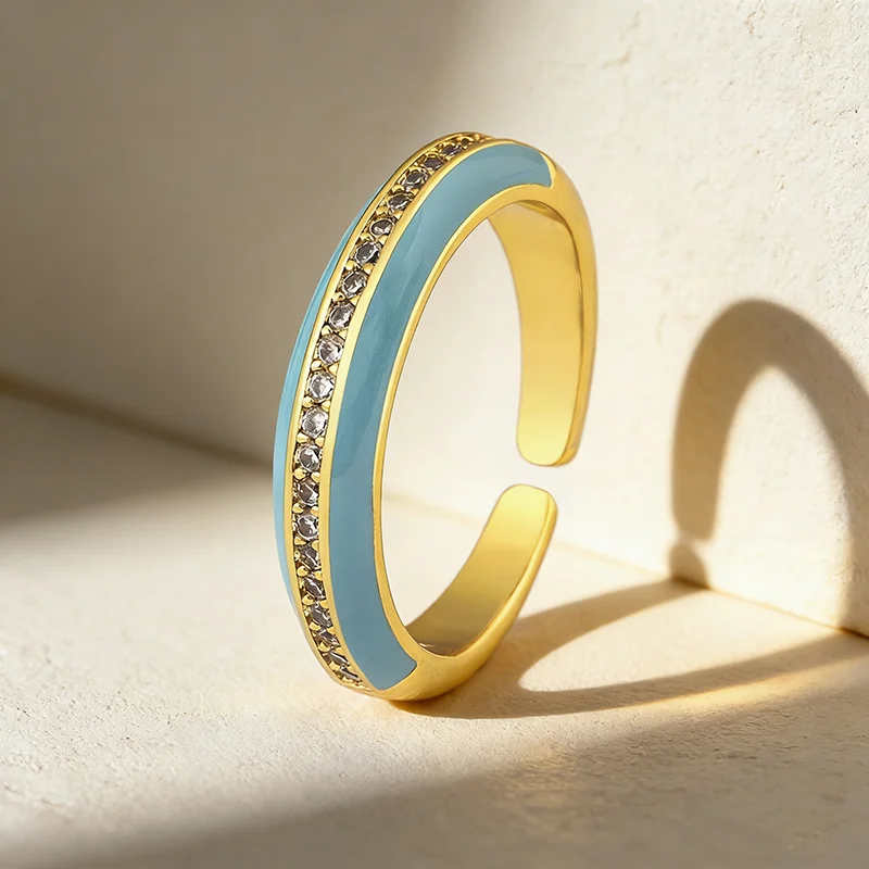 QIKU Light Luxury Oil Droplet Shiny Rhinestone Opening Adjustable Rings Jewelry Copper Zircon Women Accessories Men Couple Gift