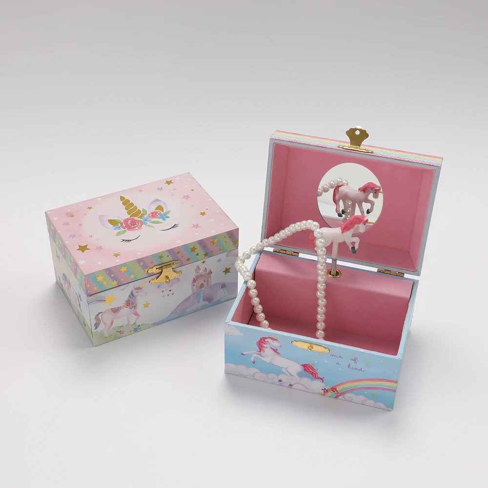 "Hand-Cranked Pink Unicorn Music Box for Girls Custom Logo Jewelry Organizer & Storage with Elegant Music Feature"