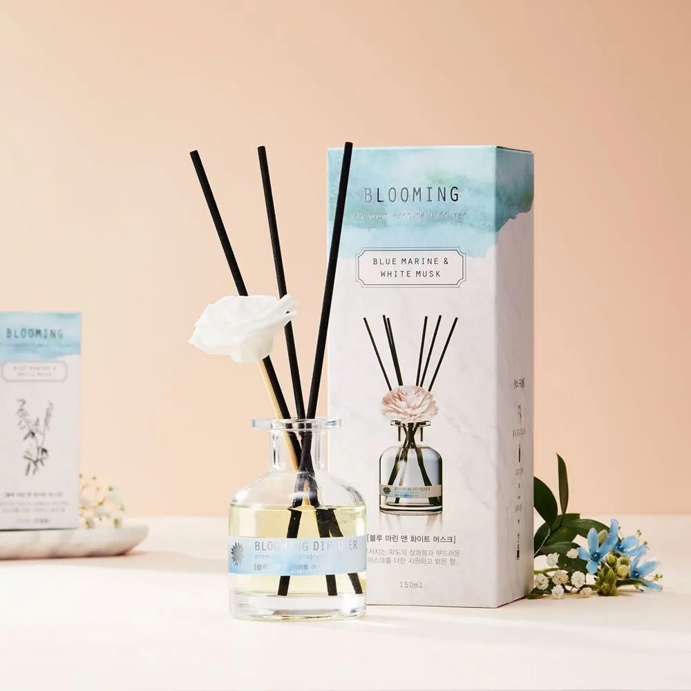 [BLOOMING] Home Fragrance Reed Diffuser Set Premium Perfume Blue Marine & White Musk Long Lasting Fresh Glass 150 130ml