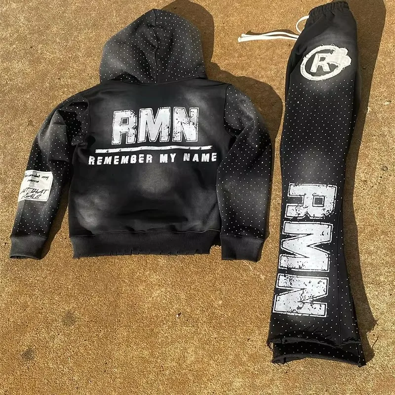 2025 Premium Quality Streetwear Custom Printed Distressed Embroidered Patch Rhinestone Zip Breathable Quick Dry 100% Cotton