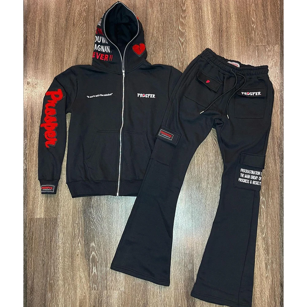 Hottest New Unisex Chenille Patches Zip Hoodie Flare Sweatpants Solid Black 2D Embroidery Letters Private Label Winter