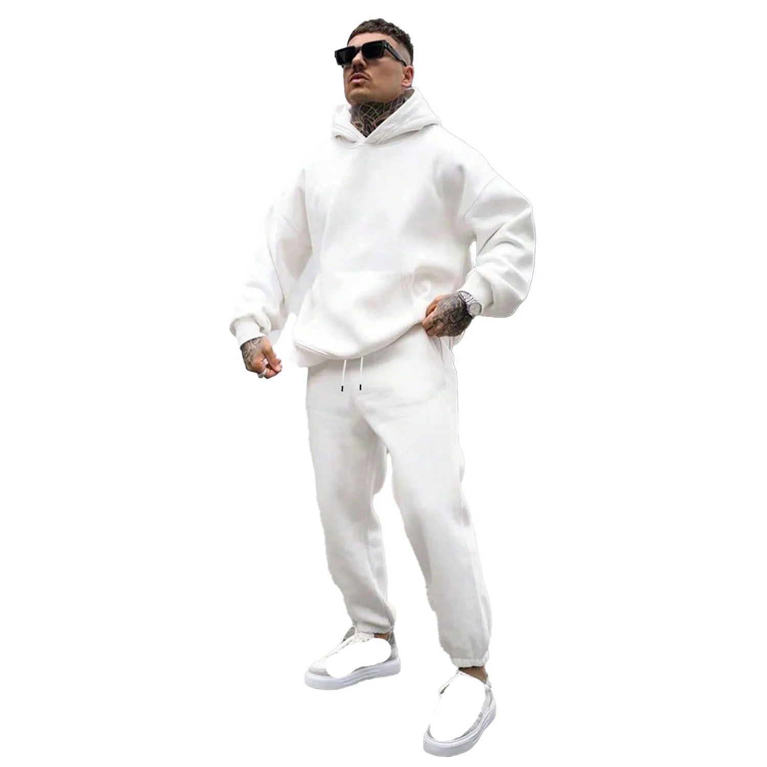 White Fleece Tracksuit Set Men Warm Pullover Hoodie and Jogger Pants Soft Winter Loungewear Relaxed Fit Street Style Apparel
