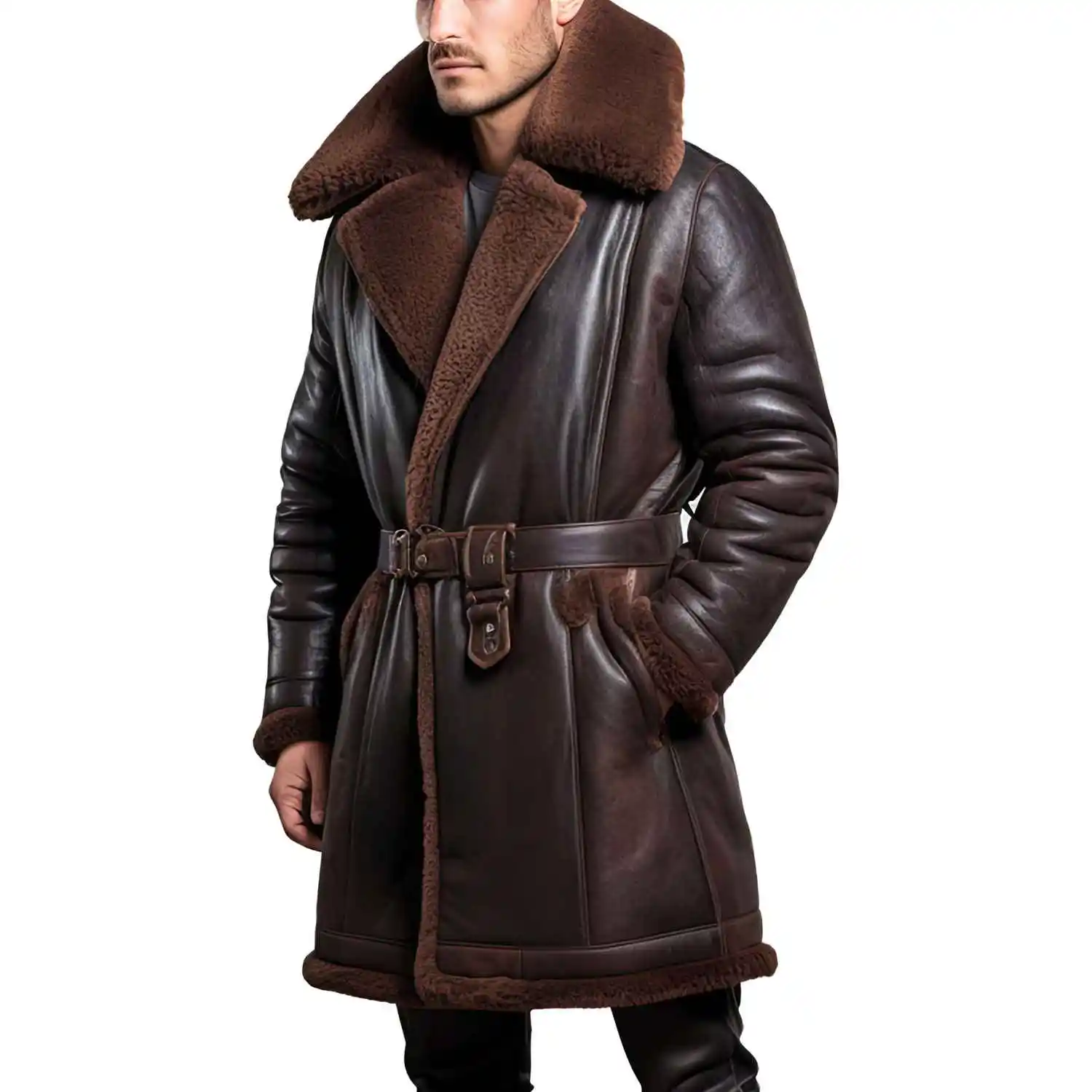 Trench Leather Coat Men Genuine High Quality S Fur Lined Mid Length Uniform Style Long Coat for Mens