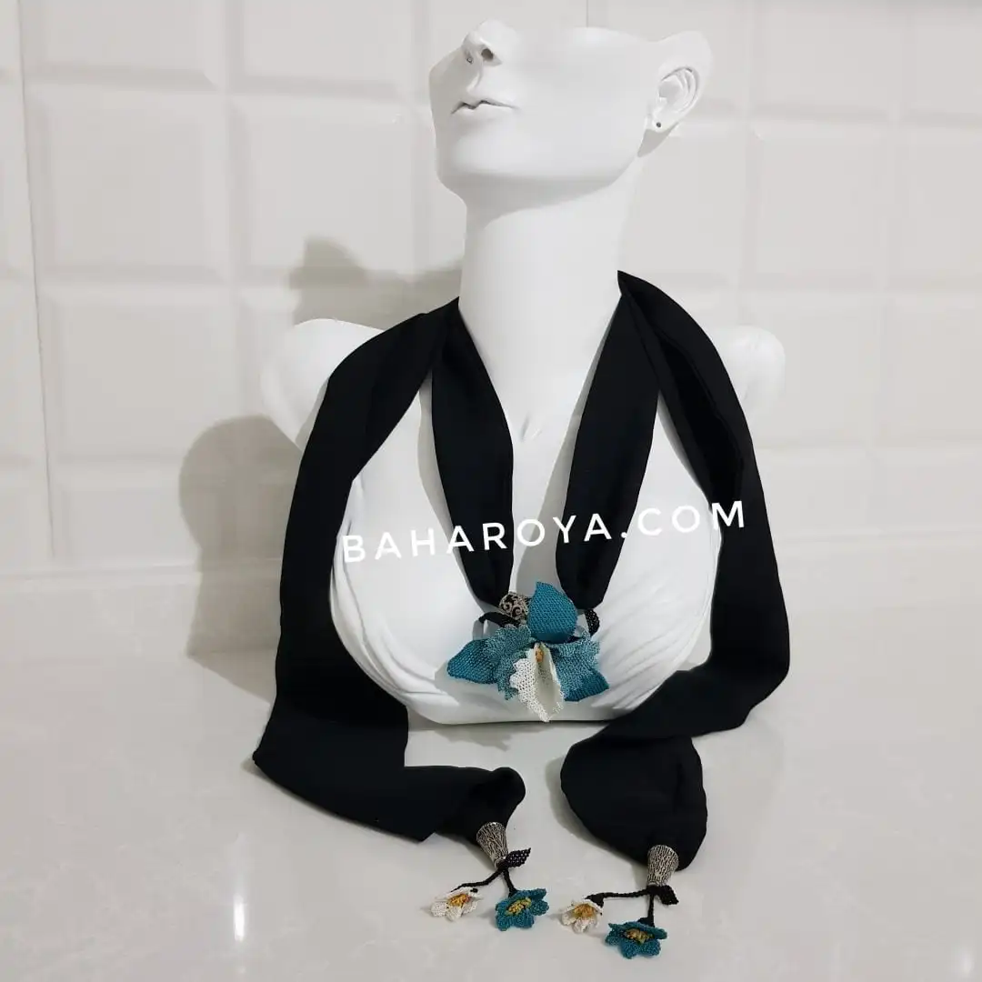 İğne Oyası Metal Aksesuarlı Orkide Fular Petrol Mavisi Traditional Scarves & Shawls Product