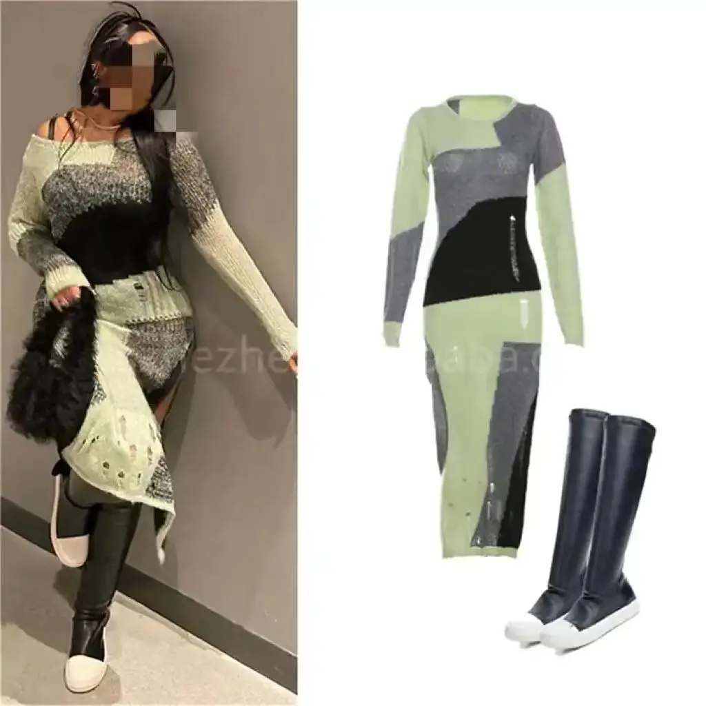 ZEZHE Ladies Street Wear Spring Fall Sexy Long Sleeve Ripped Knitted Dress Tight Trendy Causal Elegant Split Sweater Dresses