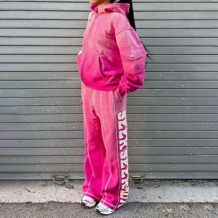 Custom Manufacturer Streetwear Embroidery Patch Zip up Hoodie Sweat Pants Set Acid Wash Man Hoodie Set Sun Dried Men Tracksuit