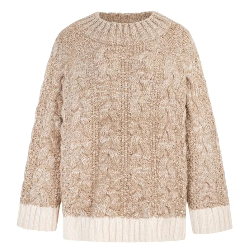"Cozy Cable Knit Sweater in Beige, Classic Chunky Knit Pullover with Ribbed Trim for Women
