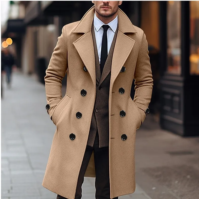Autumn and Winter Men's Solid Color Coat Casual and Fashion Double Breasted Long Men's Coat