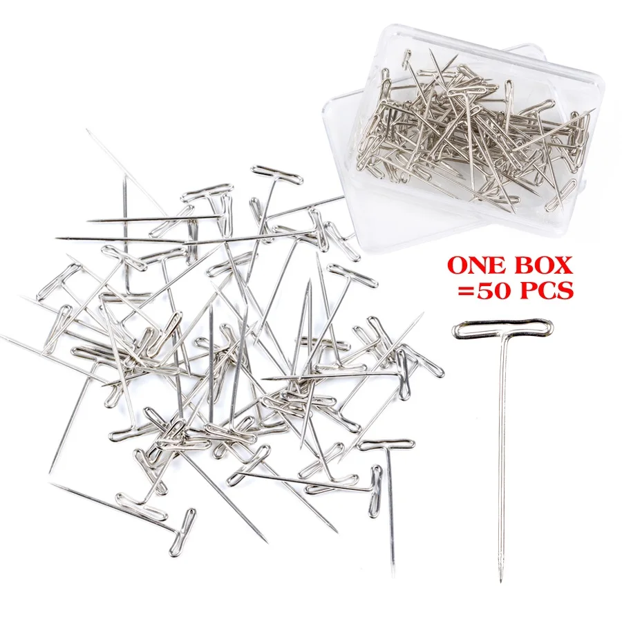Leeons Stainless Steel Silver T-Pins Needles 38mm*14mm for Wigs Mannequin Heads Sewing Hair Salon Styling Tools 50pcs/Box