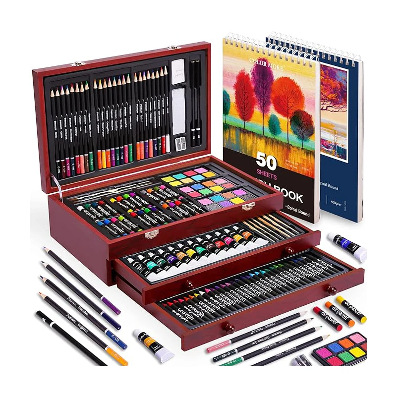 ZMOL Children's Art Set 175 Pcs Wooden Box with Crayons Acrylic Paints & Colored Pencils-Customized Colors