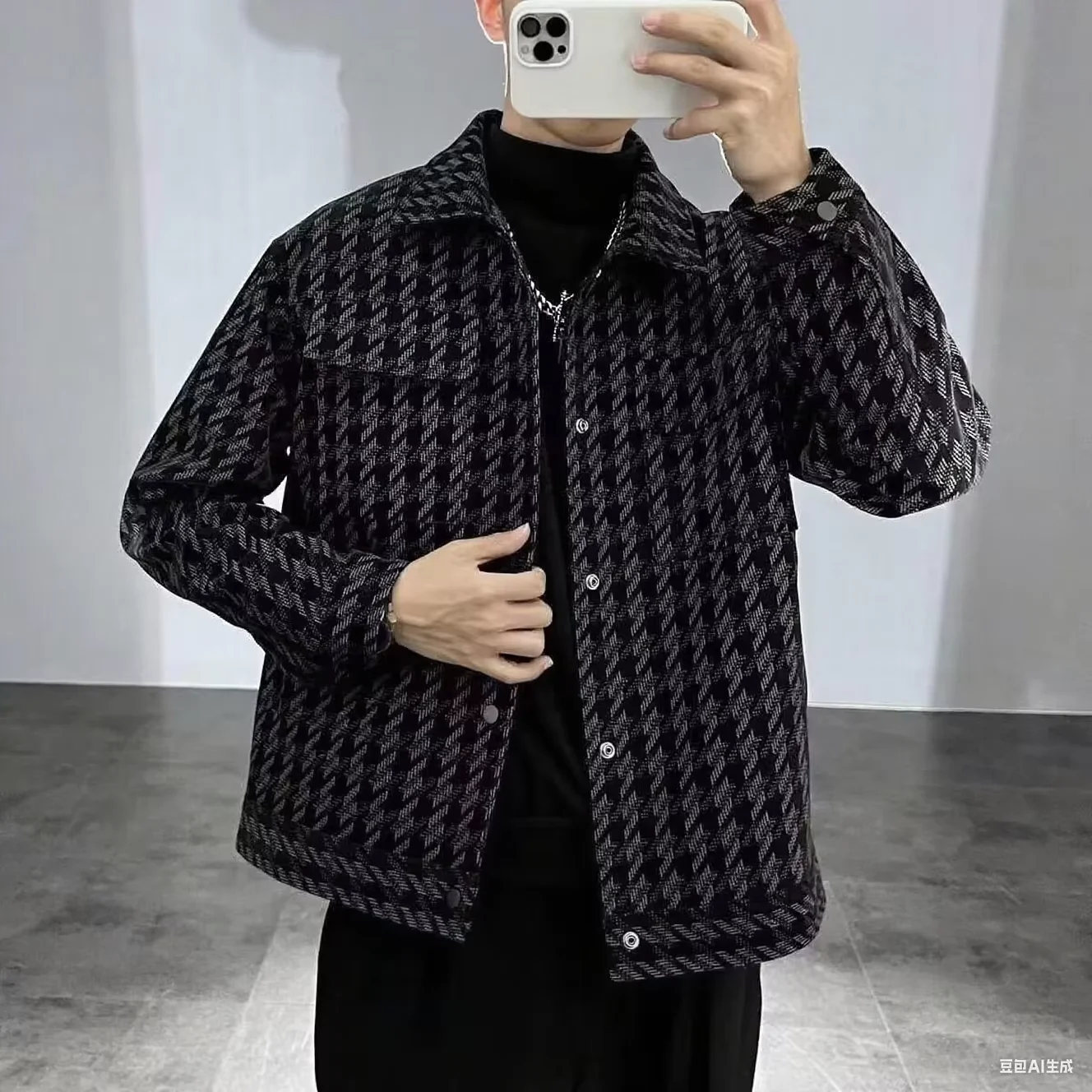 Men's Houndstooth Coat, Spring and Autumn, High-end Trendy New Style Slim Fit Plaid Men's Lapel Jacket