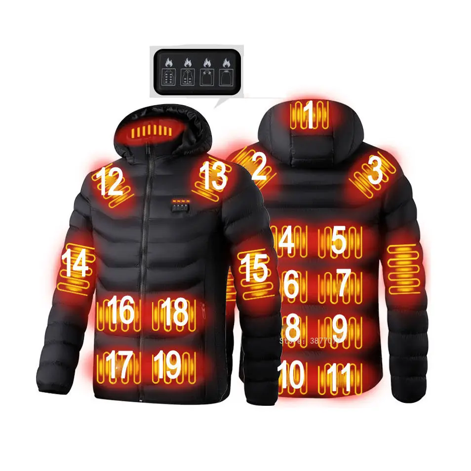Xsunwing S-5XL 19 Heat Zones Rechargeable Battery USB Heating Lightweight Heater Men Coats Waterproof Insulated Heated Jacket