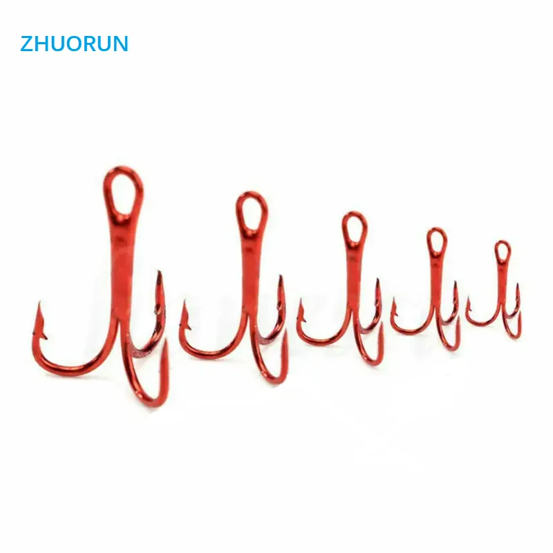 ZHUORUN High Quality Red Fishhook Carbon Steel Treble Triple Jig Hooks Fishing Hooks Sharpened Three Anchor 2/3/4/6/8/10/12/14#