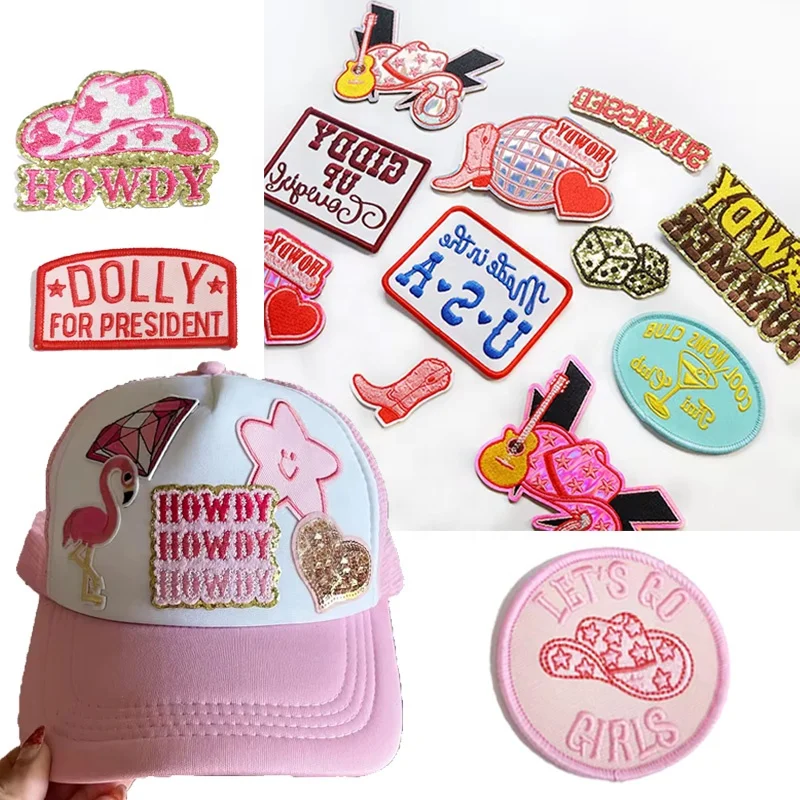 Custom Heat Press Embroidery/Woven/Sequin/Chenille Cute Small Patch Iron on Western Cowboy Hat Patches for Trucker Hat