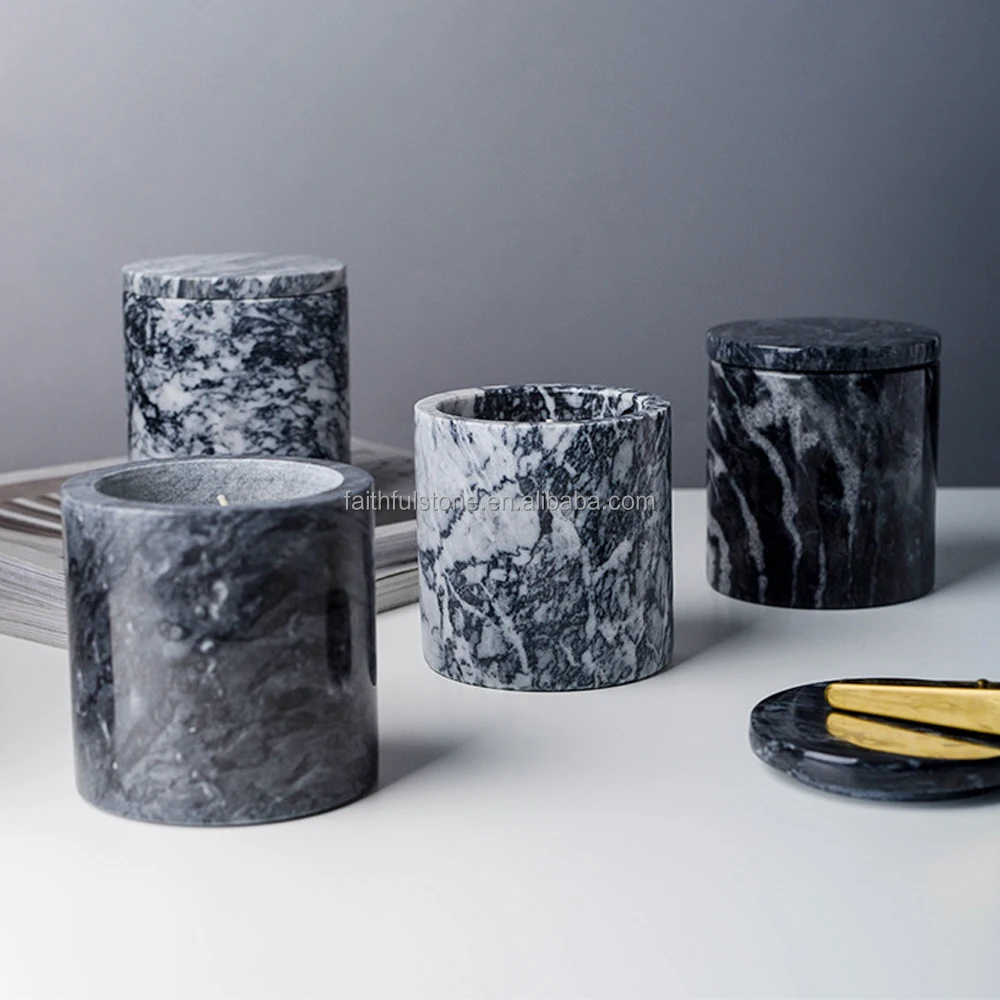 Wholesale Natural Black Grey Marble Stone Candle Stand Elegant Candle Jar with Lid for Home Decoration for Christmas Easter