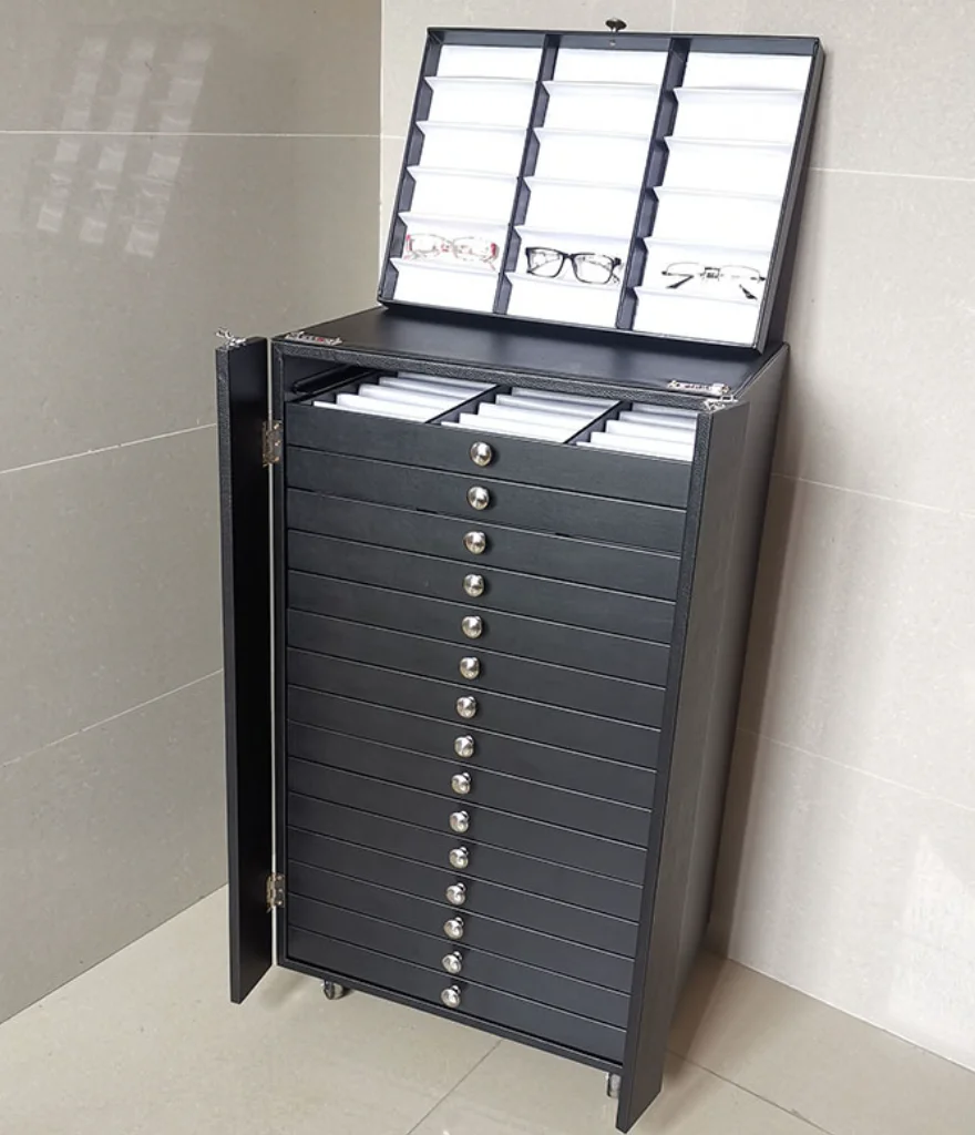 Custom Modern Waterproof Sunglasses & Eyewear Storage Display Cabinet with 120 Slots Customized Finish Black Suitcase