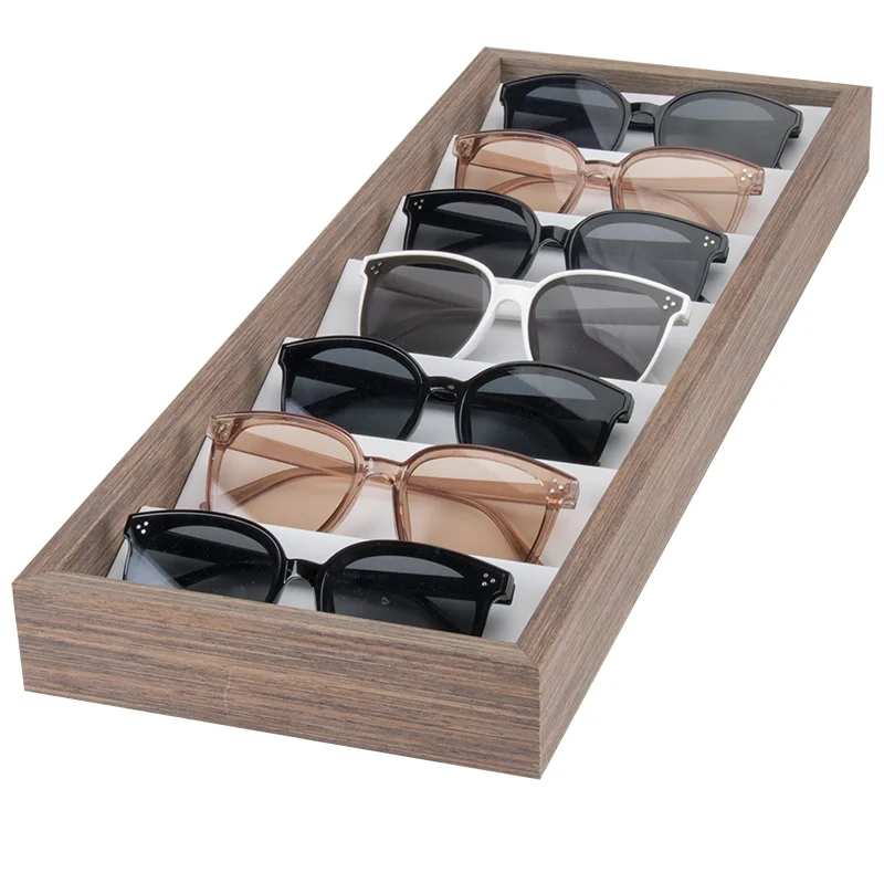 Zhuangqun SKT81 Modern Walnut Pattern White Leather Stepped Portable 7 Sunglasses Display Tray Organizer