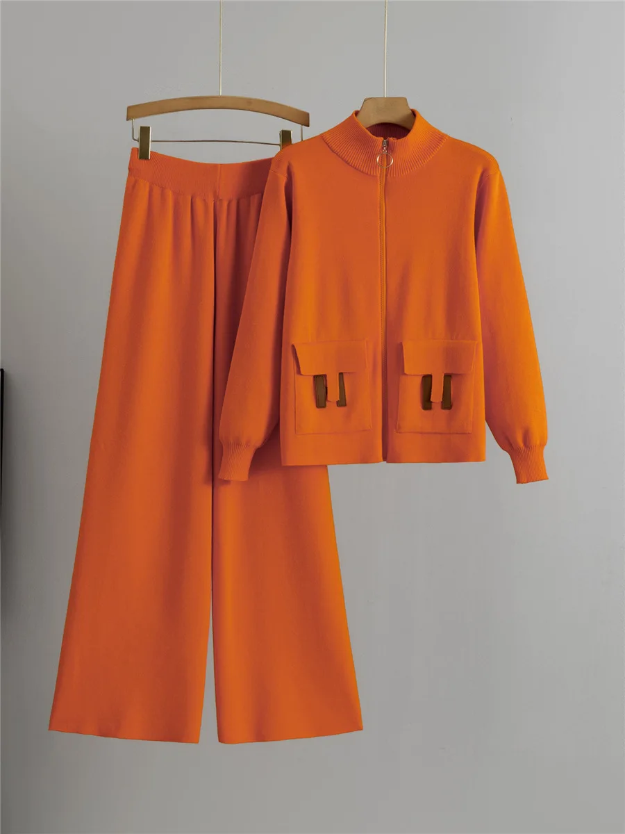 Zipper Luxury Fashion Suit Women's Autumn Winter New Blend Viscose Mandarin Collar Above Knee Cardigan Wide Leg Pants Two-piece
