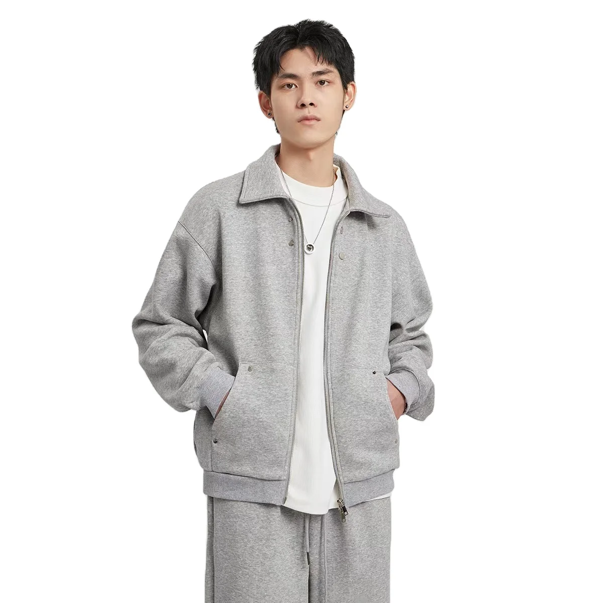 S-XL Ready to Ship 400G High Quality Men's Two Way Full Zip Coat Custom Your logo Men's  Casual Loose Plain Grey Black Jacket