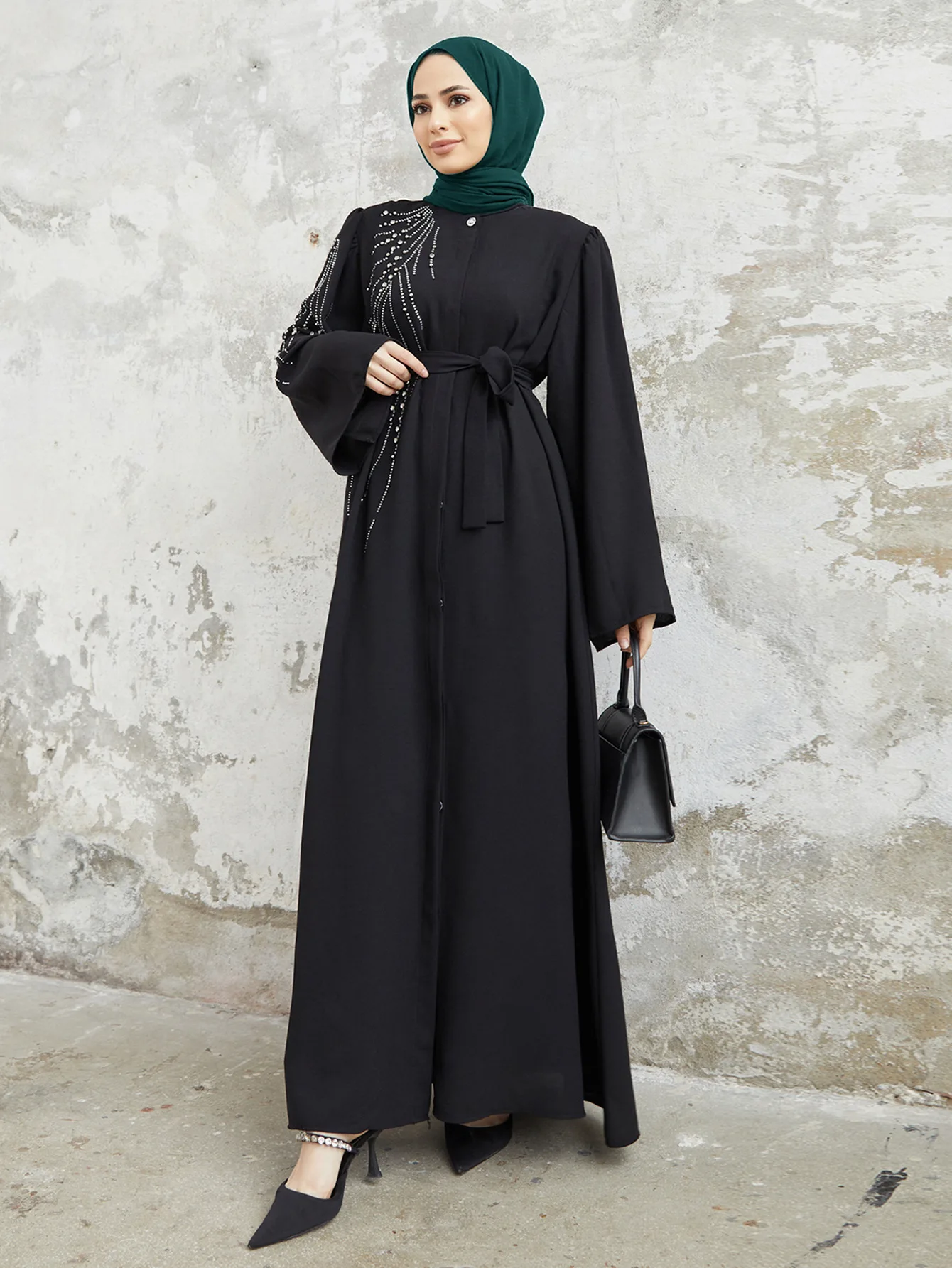 New Arrival Middle East Two Piece Femmes Muslim Dubai Casual Dress Abaya Prayer Clothing Elegant Rhinestones Open Les Abaya