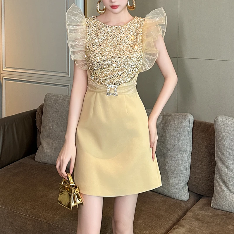 ZYHT 50989 Elegant Club Evening Organza Spliced Sleeveless Dress Flutter Sleeve Sexy Sequin Dress for Cocktail Party