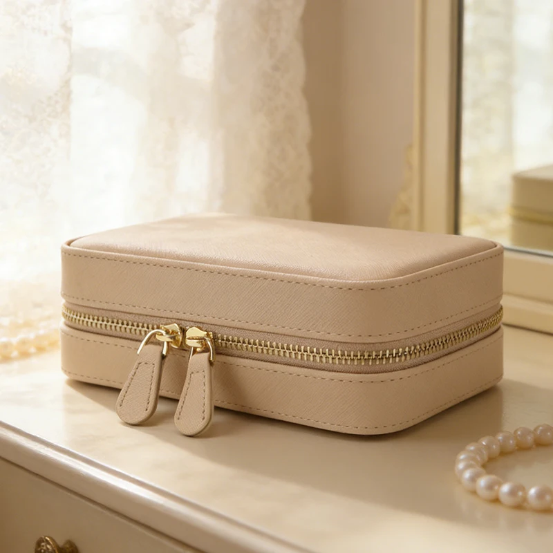 PU Pebble Leather Single Zipper Closure Travel Box Embroidery Jewellery Case Mirror Fashionable Lady Faux Leather Mirror Jewelry