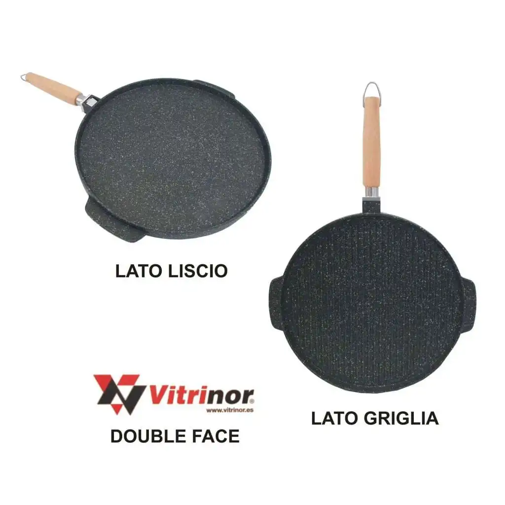 1-Handle Wood Griddle & Grill Pan with Round Stone Plate 32 cm Induction Compatible Kitchen Tool