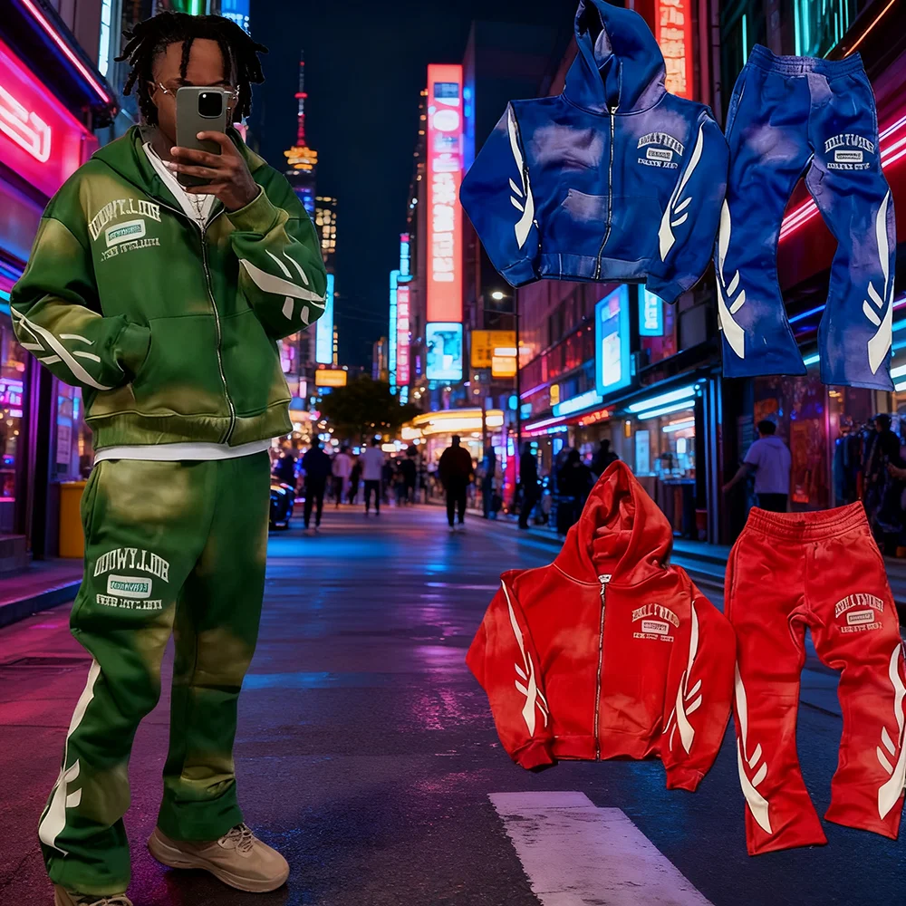 Acid Wash Sweat Suits Cotton Thick Zip up Applique Embroidery Patch Flared Full Tracksuits Outwear Hoodies Sweatpants Sets Men