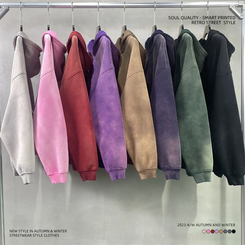 In-Stock Winter Coat Thick Fleece Vintage Loose Unisex Zip Distressed Washed Men's Hoodies With Trousers