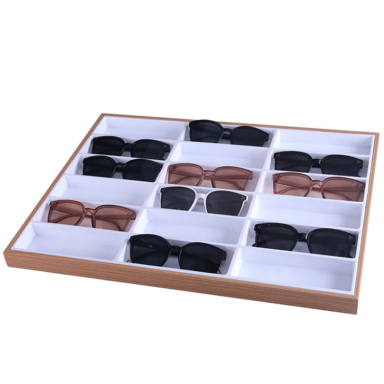 Custom 18 Pairs Eyeglass Display Organizer Wooden Sunglasses Display Box Eyewear Tray Stand for Shop