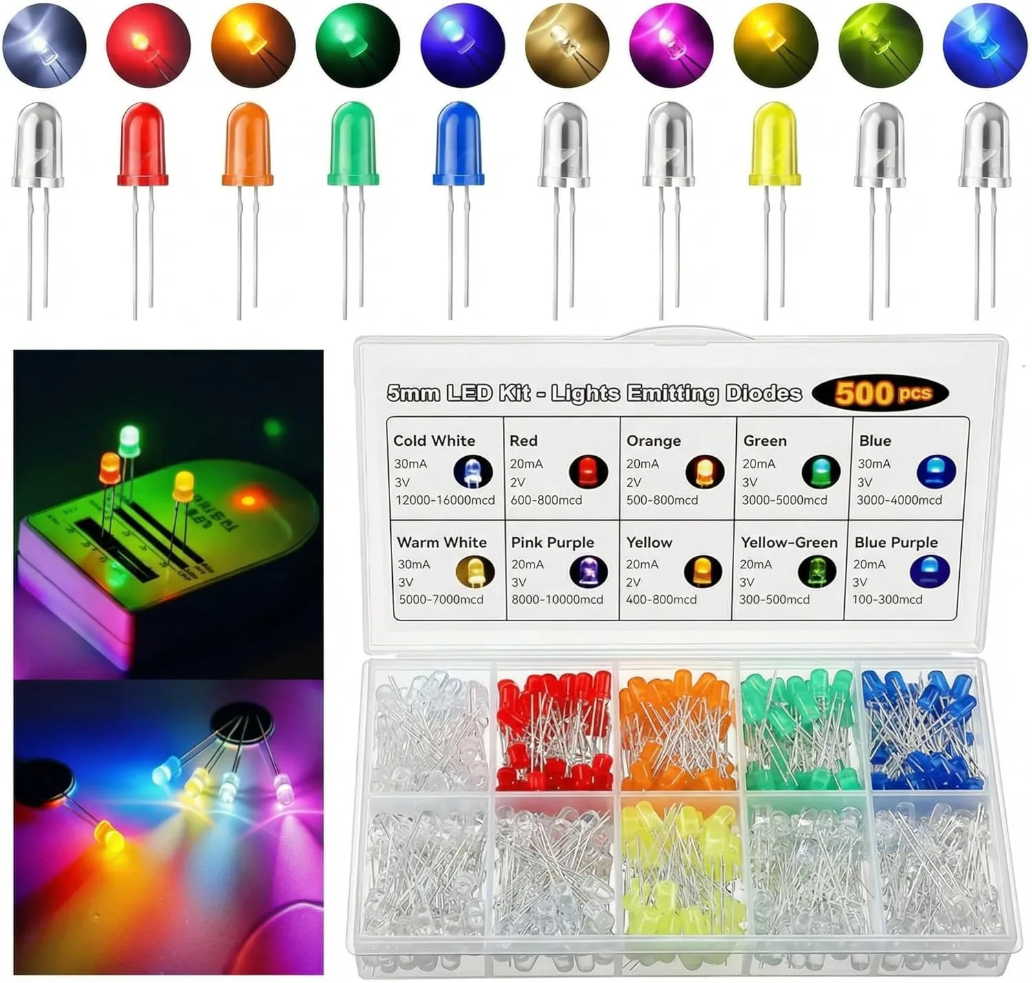 10 Colors 500 Pcs 5mm LED Diode Lights Asored Kit - Bright Lighting Bulb Lamps for Science Project Experiment & DIY Project