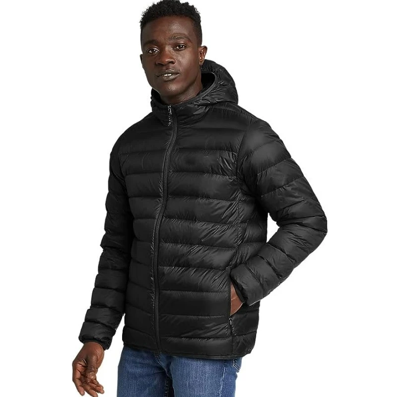 2023 Men's CirrusLite Hooded Down Jacket Formal Winter Coat with Stand Collar and Front Logo Wholesale
