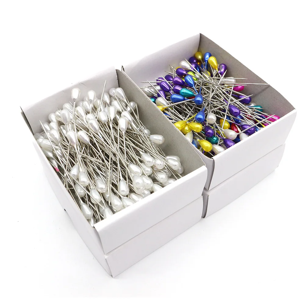 Wholesale 144pcs Boxed Colored Pear Shaped Sewing Needles 55/75mm Pearl Head Pins Stainless Steel Decorative Clothing Needles
