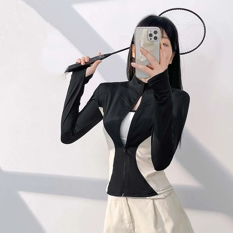 ZK Sexy Skinny Stylish Zippered Women's High Elastic Fabric Wear Long Sleeve Jacket Tight Sport Running Yoga Fitness Sports Top