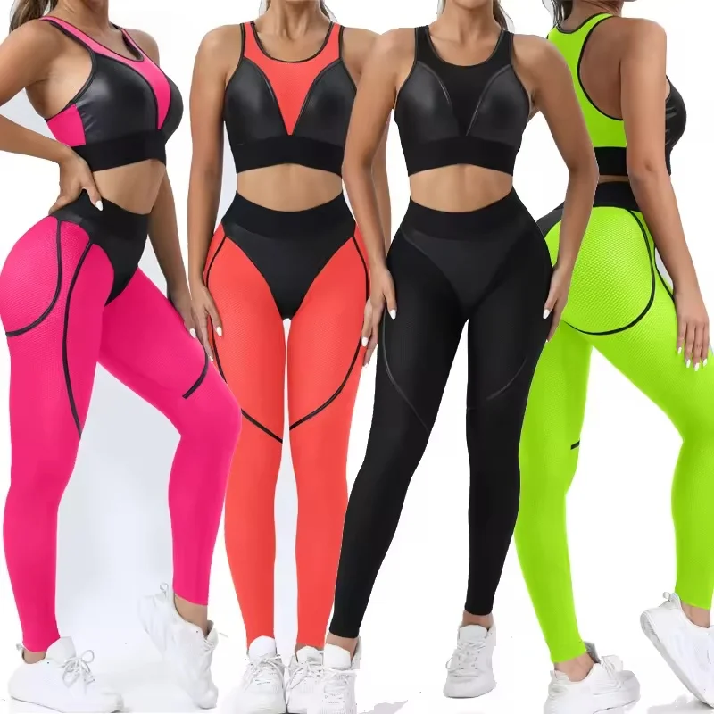 Fitness Gym Sets Color Contrast Solid Pattern Two-Piece Yoga Set Sports Bra & Lift Butt Long Pants Sleeveless Fitness Apparel