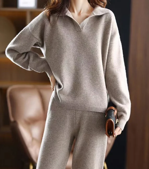 Wholesale Custom Popular Fashion Over Size Ladies Sweater Wool Cashmere Knit Trousers and Sweater Two Piece Set Popular