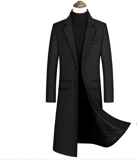 European Size Slim Fit Extra Long Thick Winter Trench Coat for Men High Quality Business Wool Overcoat