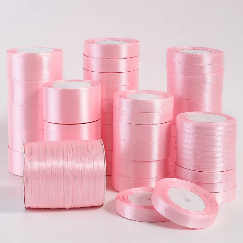 0.6-5cm Pink 25yard Per Roll Ribbons for Xmas Gift Wrap Custom Ribbon Silk Satin Ribbon