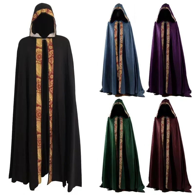 2026 NEW KJ Vintage Medieval Gothic Hooded Cloak Coat Men's Women's Cape Robe Gown Party Anime Costumes Wizard Sets