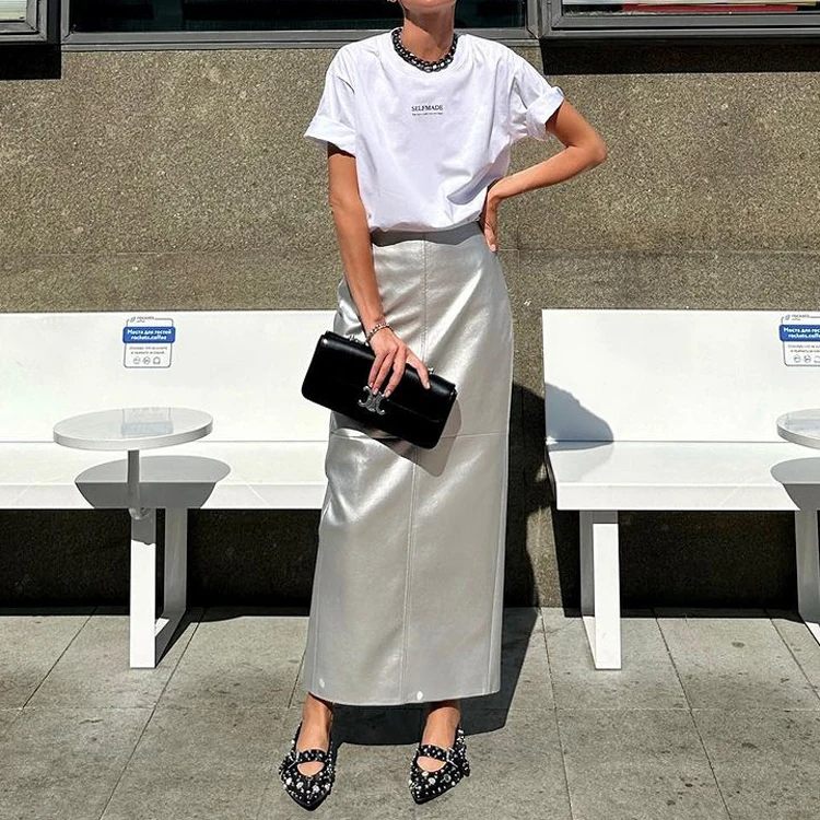 Women's Skirts High Waist Plain Silver Fashion Wrap Skirt Winter 2023 Ladies Metallic Leather Maxi Long Skirts for Women