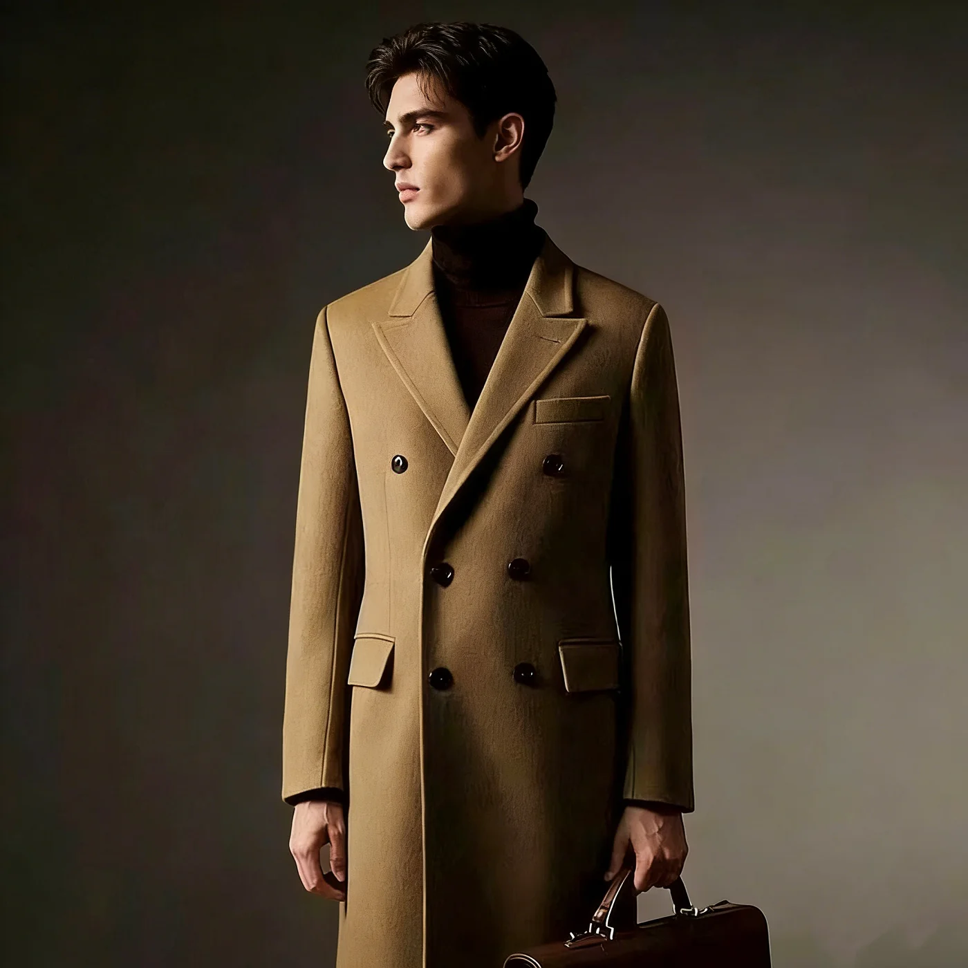 Hot Sales Men's Structured Wool Double Breasted Overcoat Mid Length Camel Coat for Office and Formal Outings