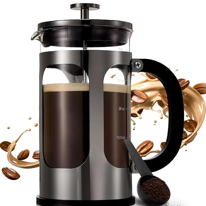 1 Liter French Press Coffee Maker, Glass Stainless Steel Hand Coffee Press, Cold Brew Coffee Pot Tea Press for Travel, Camping