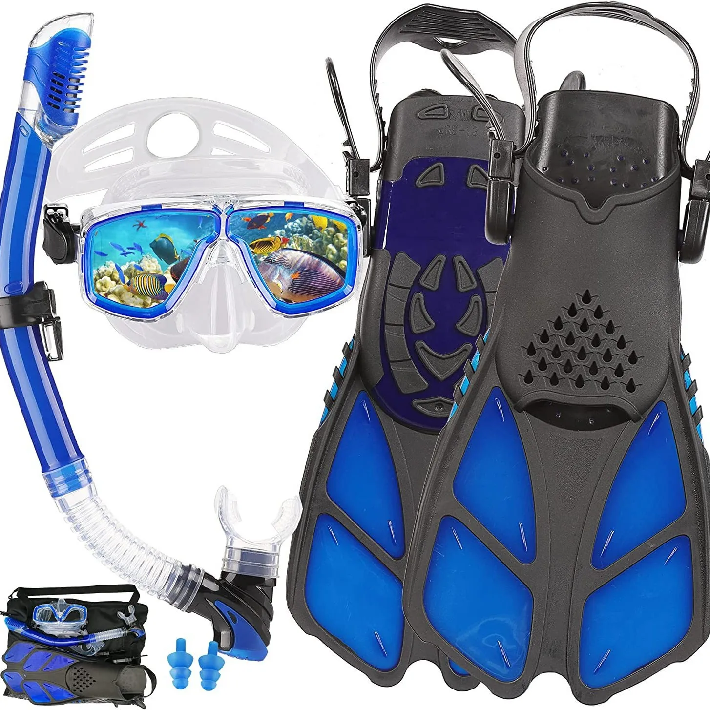 Snorkeling Kit With Mask Fins Full Dry Snorkel Adult Size Sm Ml Xl Cyan Blue Black