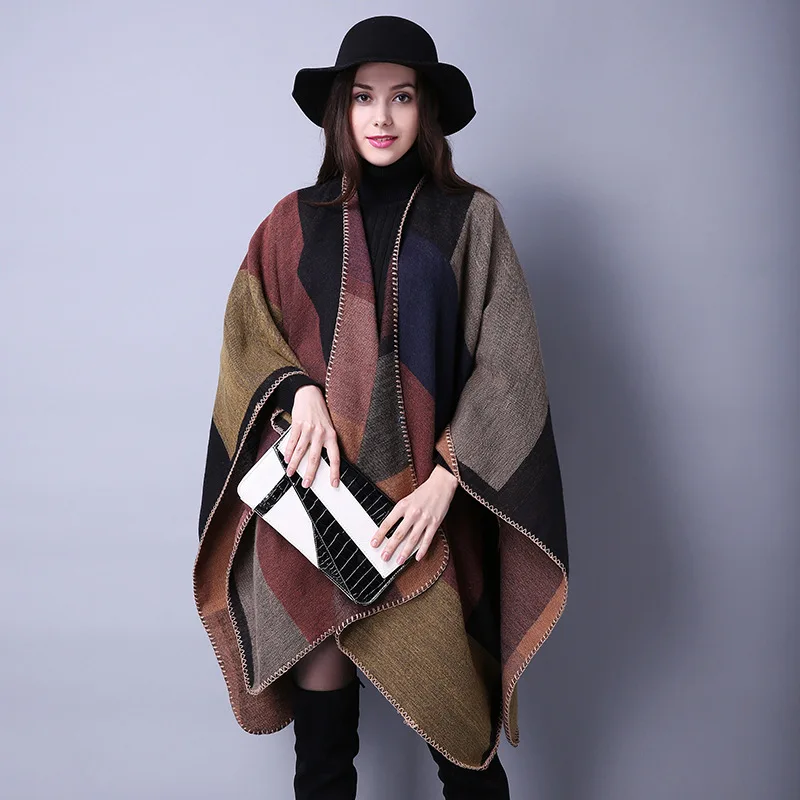 Women's Traditional Plaid Cashmere Scarf Shawl for Autumn Winter All-Match Thickened Cloak Travel European American Polyester