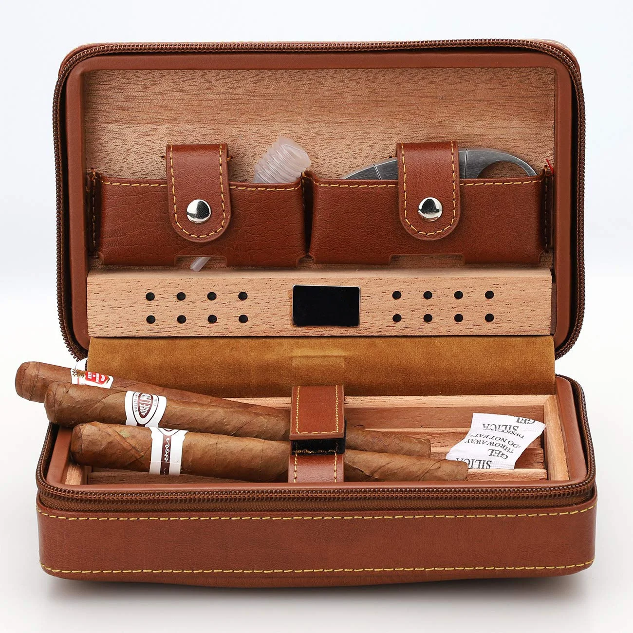 Wholesale Custom Portable Leather & Wood Travel Cigar Humidor Case Moisture-proof & Eco-friendly American Style Cigarol QEH-0285