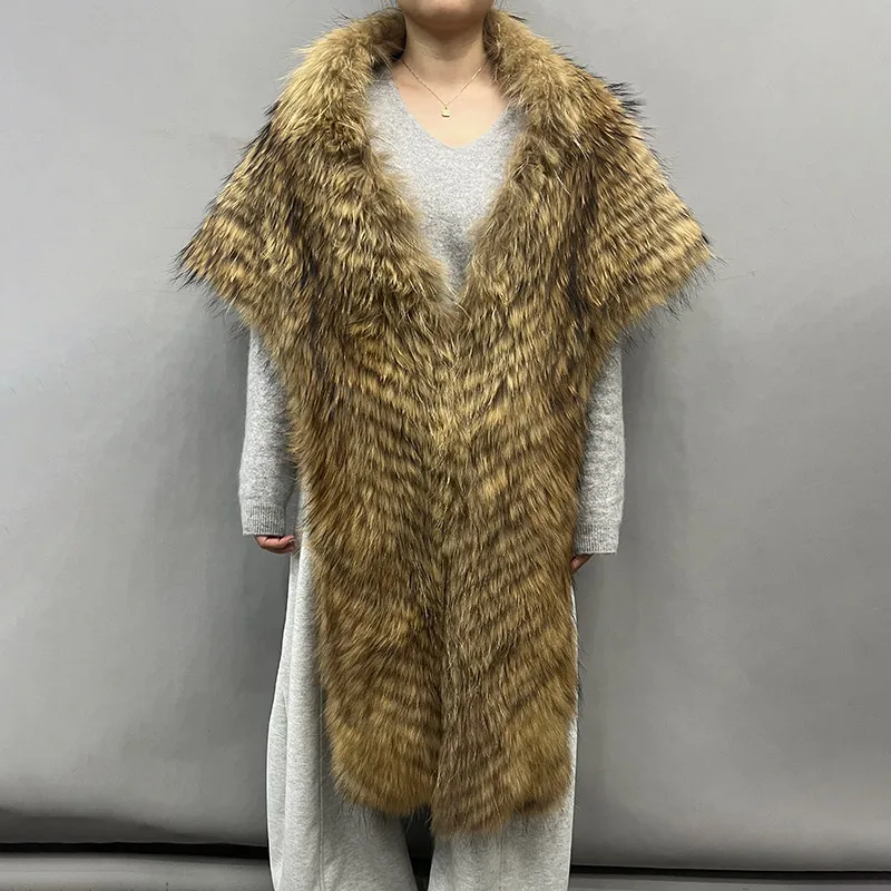 Winter Elegant Luxury Women's Neck Wear Real Fur Wrap Raccoon Fur Scarf Hooded Scarf Shawl Accessory