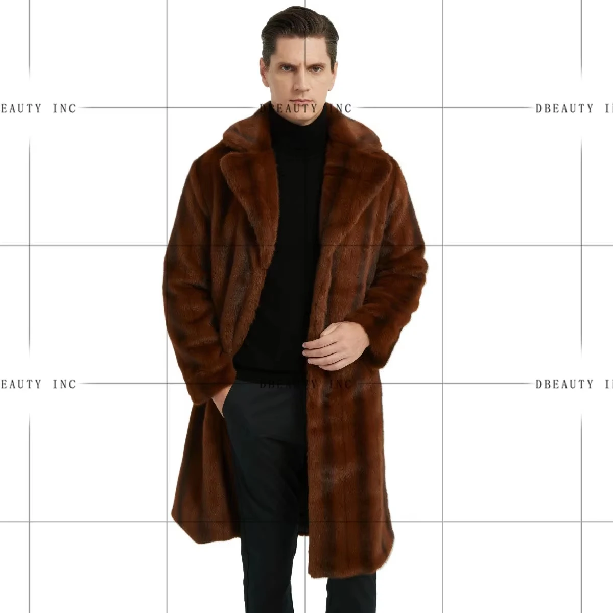 Men's Winter Mink Fur Eco-Friendly Long Sleeve Tiger Stripe Down Coat with Lapel Shawl and Pockets Knee-Length Overcoat