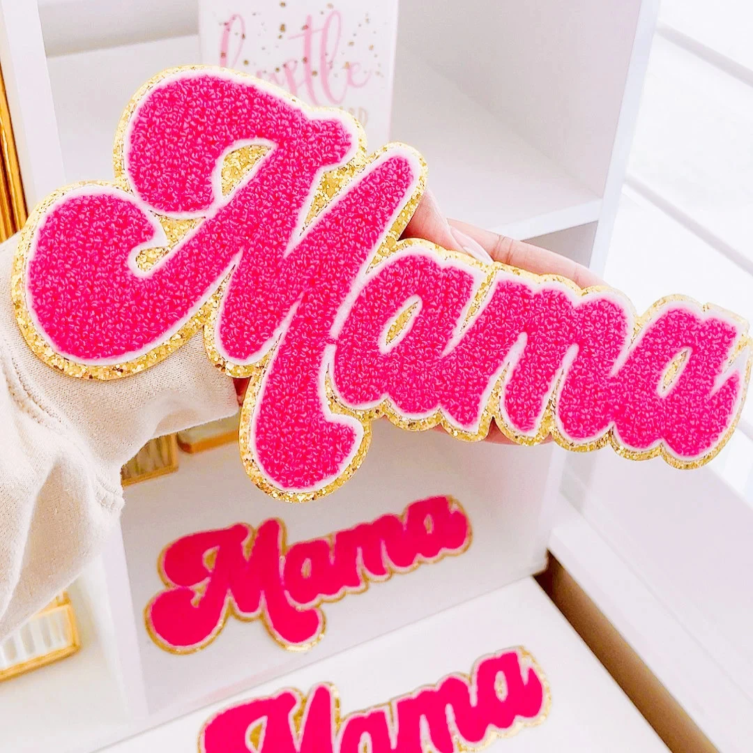 The New Hot Mother's Day Gold Border Sequin Embroidery Wholesale Mom Patches Iron on Letters Mama Chenille Patch for Clothing